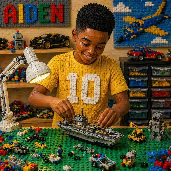A boy builds a LEGO ship at a colorful LEGO-filled workspace.