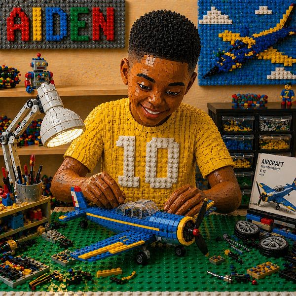 A boy joyfully builds a blue LEGO airplane at his desk.
