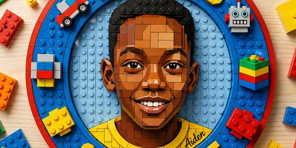 Portrait of a boy made from colorful LEGO bricks with a bright smile.