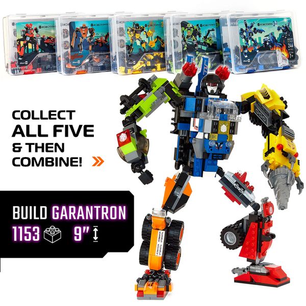 Build a 9-inch Garatron robot by combining five collectible sets.