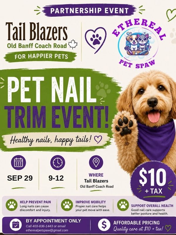 Pet nail trim event for healthier, happier pets at Tail Blazers on Sep 29.