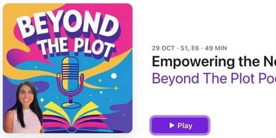 Podcast cover for Beyond The Plot with a woman and microphone.