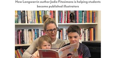 Author Jodie Fitzsimons reading to children in a library.