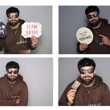 Man in sunglasses holding various signs in a photo booth collage.