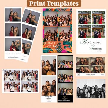 Collage of diverse photo booth print template designs for events and weddings.