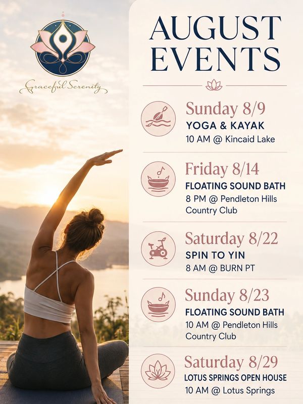 August wellness events including yoga, sound baths, spin class, and open house.