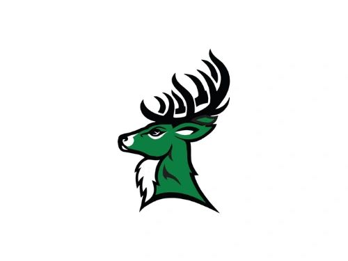 Green and white deer head logo with black antlers on white background.
