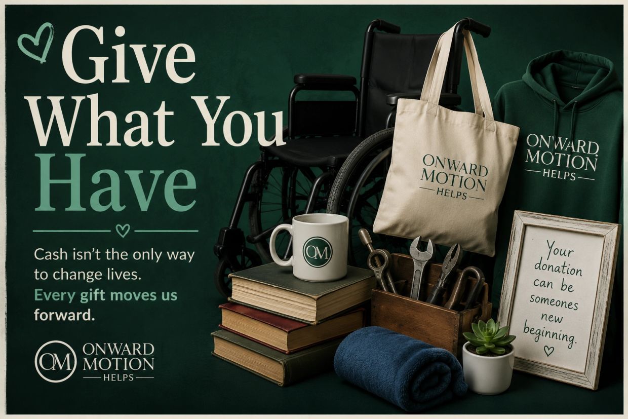 Charity ad promoting giving what you have to help others move forward.