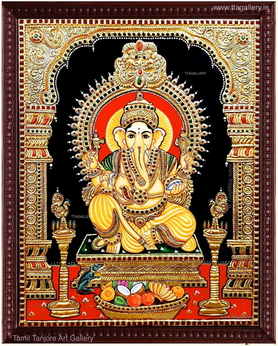 Raja Alangara Ganesha yellow Tanjore Painting