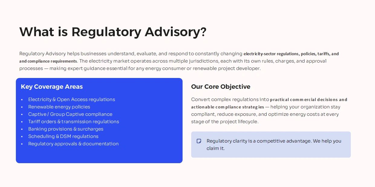 Overview of Regulatory Advisory and its key coverage areas.