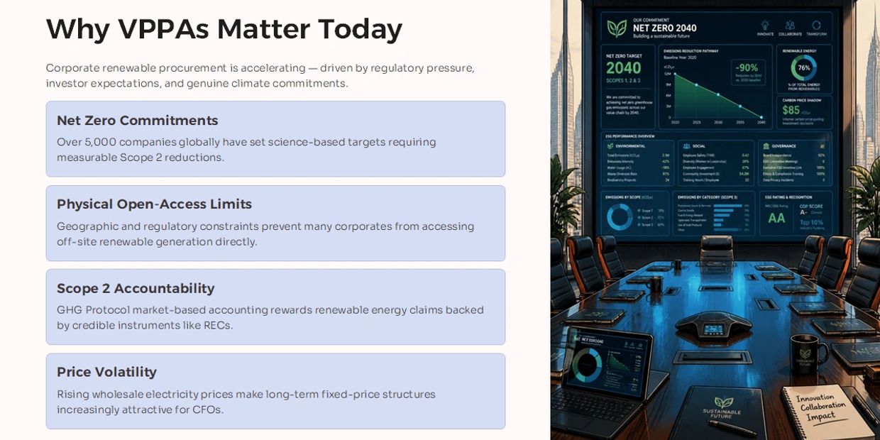 Corporate renewable procurement and net zero commitments discussed in a conference room.