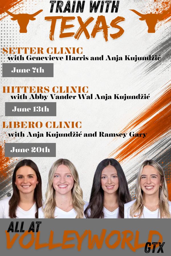 Volleyball training clinics in Texas with expert coaches in setter, hitter, and libero roles at VolleyWorld GTX.