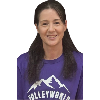 Smiling woman wearing a purple Volleyworld t-shirt.