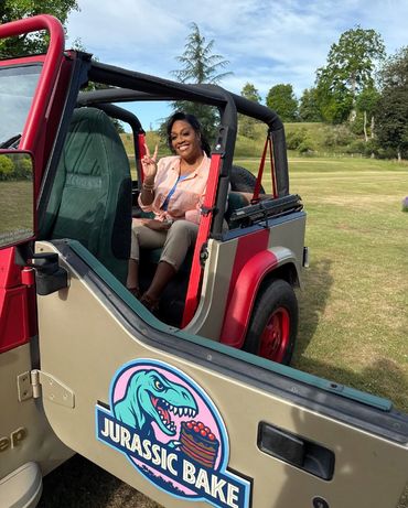 Alison Hammond in JP04 Jeep with Jurassic Bake logo on door