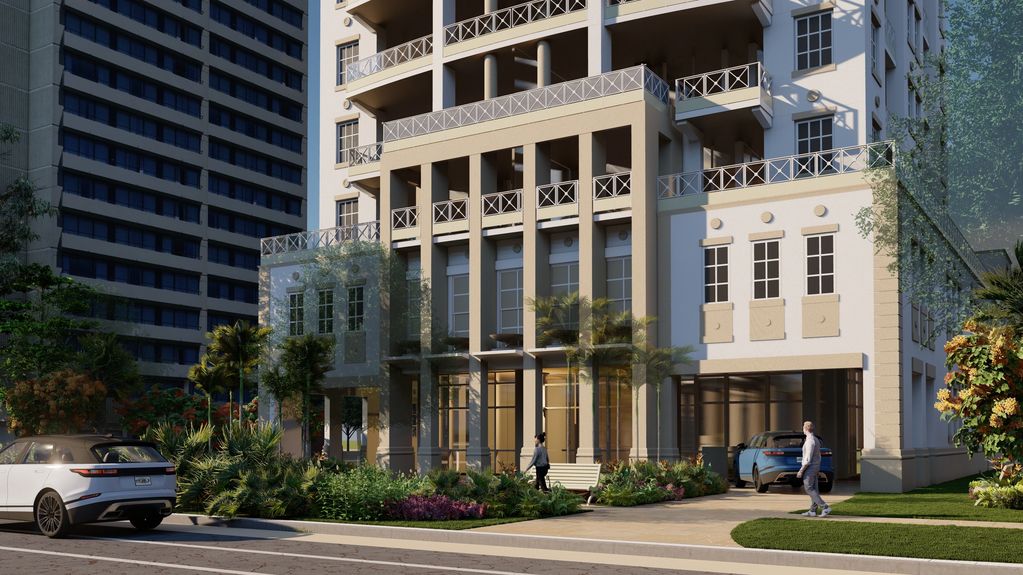 Rendered image showing  an entrance view of a new building surrounded by landscape, people and cars.