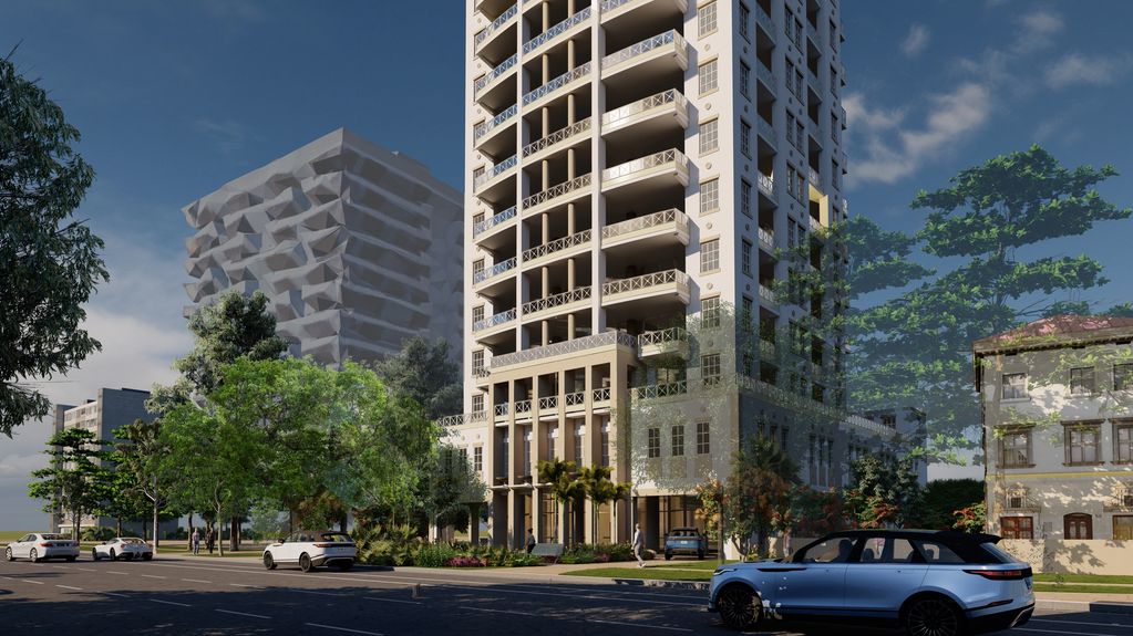 Rendered image showing  a street view #1 of a new building surrounded by landscape, people and cars.