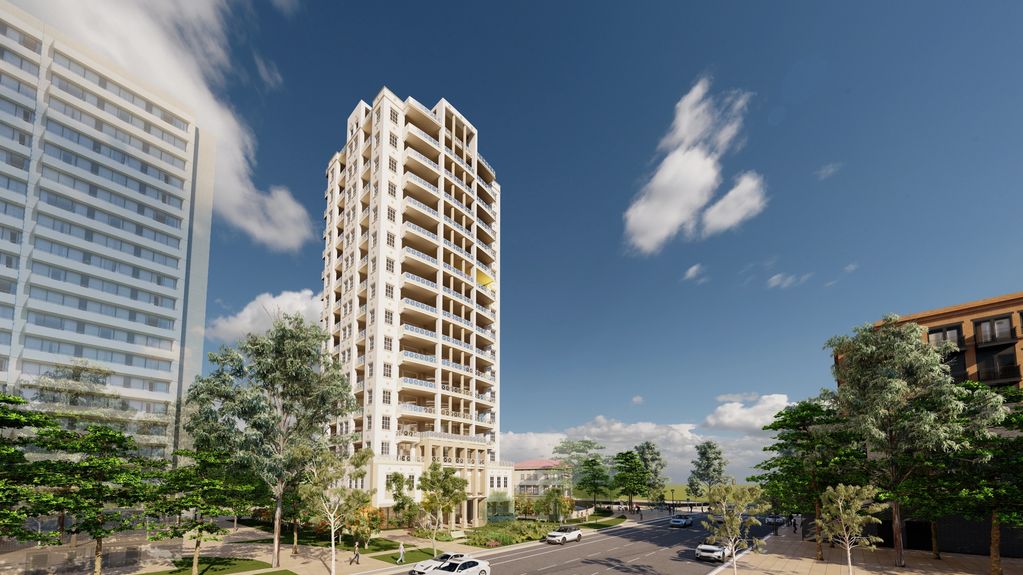 Rendered image showing  a street view #2 of a new building surrounded by landscape, people and cars.