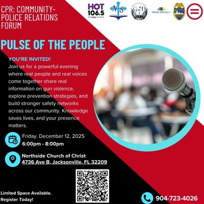 Flyer inviting community to a gun violence prevention forum on December 12, 2025, in Jacksonville, FL.
