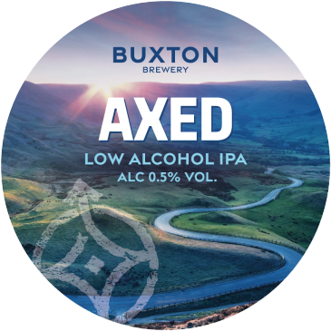 Buxton Brewery Axed low alcohol IPA label with scenic landscape.