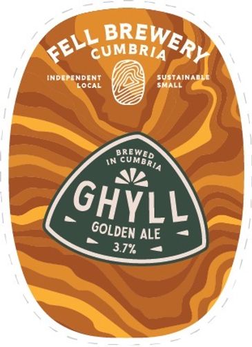 Beer label for Ghyll Golden Ale from Fell Brewery, Cumbria.