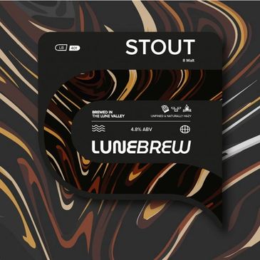 Lunebrew stout beer label with 4.8% ABV.