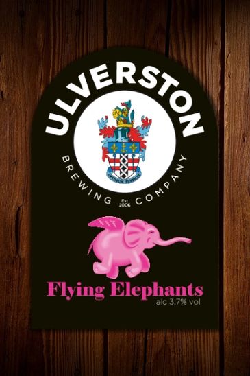 Ulverston Brewing Company Flying Elephants beer label with a pink elephant.