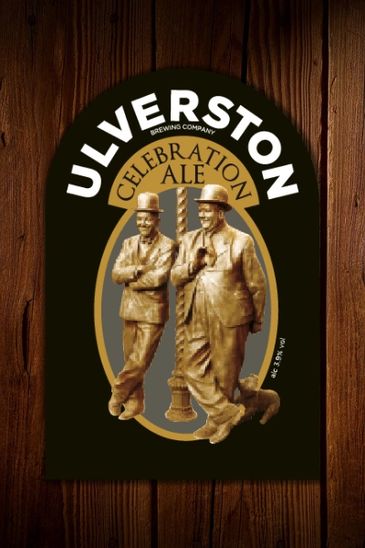 Ulverston Celebration Ale beer label with two statues.