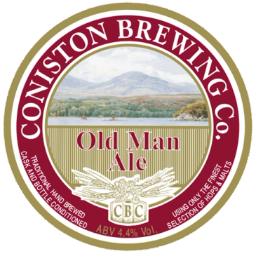 Coniston Brewing Co. Old Man Ale label with scenic background.