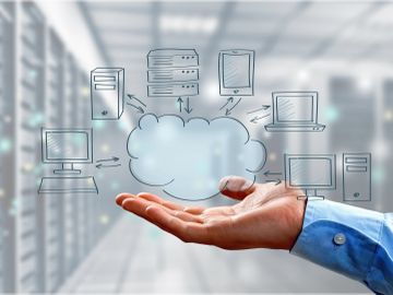 Hand illustrating cloud computing with servers and devices.