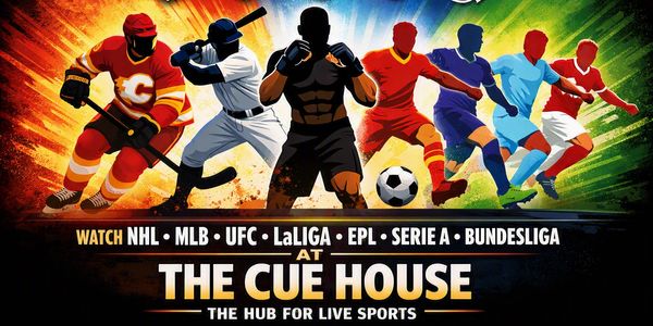 Illustration of athletes from various sports promoting live sports at The Cue House.