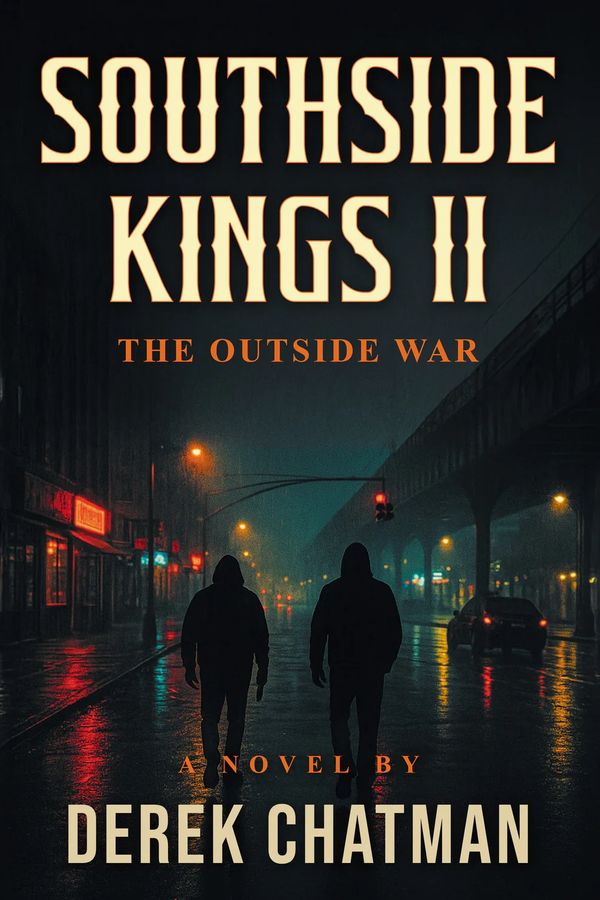 Two hooded figures walk down a rainy city street at night under an elevated train track.