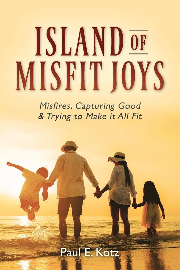 Family enjoying sunset at beach on 'Island of Misfit Joys' book cover.