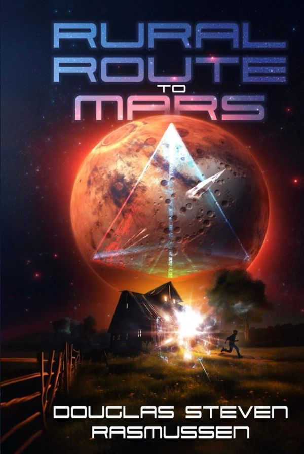 A glowing pyramid and spaceship hover over a rural house with a child running below Mars.