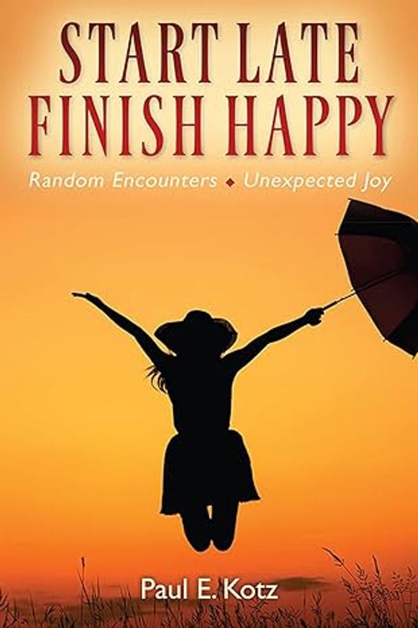 Book cover with a silhouette of a joyful woman jumping against an orange sunset.