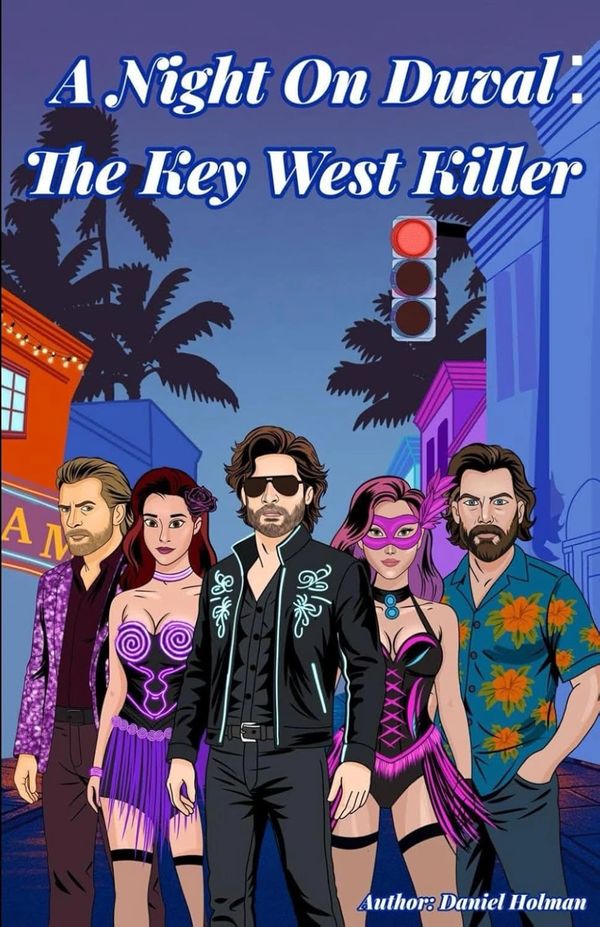 Animated poster of "A Night On Duval: The Key West Killer" featuring five stylish characters against a colorful city backdrop.