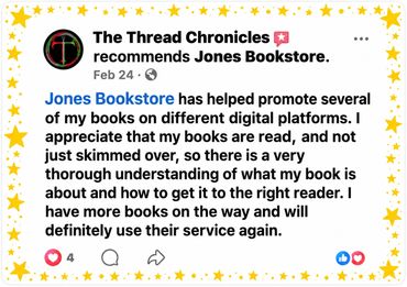 Positive review recommending Jones Bookstore for book promotion.