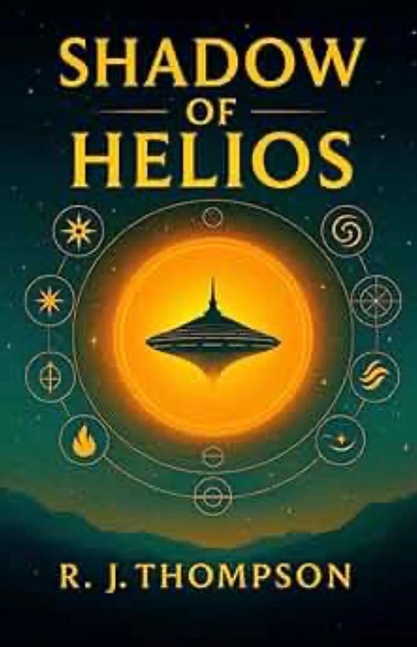 Book cover of "Shadow of Helios" by R. J. Thompson with a glowing sun and mystical symbols.