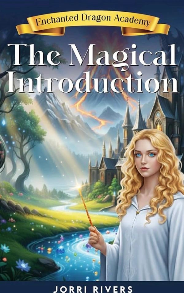 A young mage with a glowing wand stands by a magical river in front of a castle.