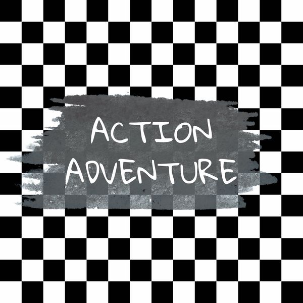 Black and white checkered background with 'Action Adventure' text.