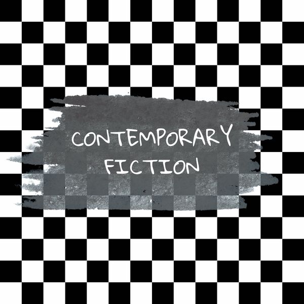 Black and white checkerboard with 'Contemporary Fiction' text on a gray brushstroke.