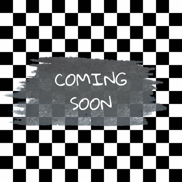 Text 'COMING SOON' on a black and white checkered background with a gray paint splash.