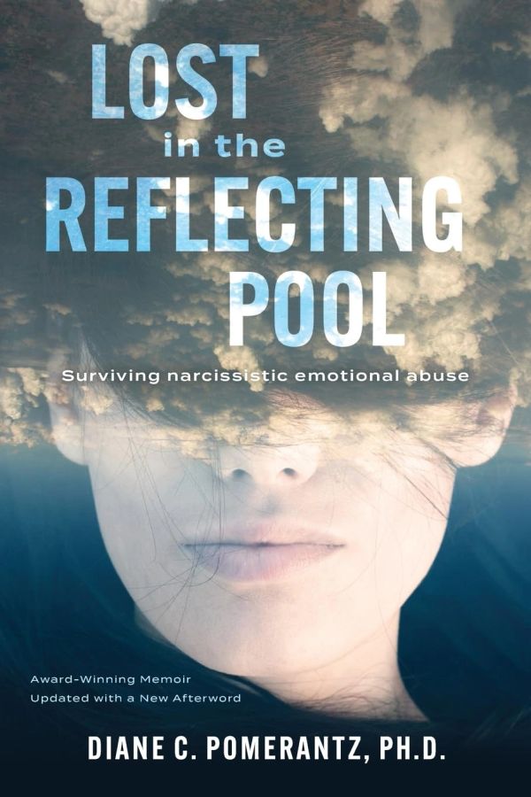 Book cover showing a woman's face blended with clouds, titled 'Lost in the Reflecting Pool'.