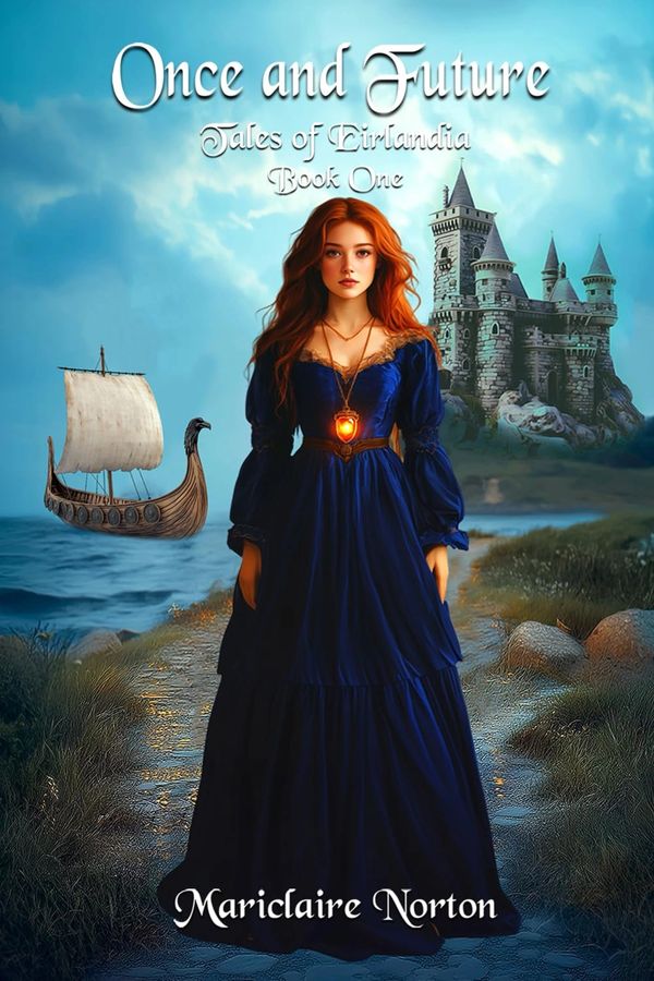 A woman in a blue dress stands before a Viking ship and a medieval castle.
