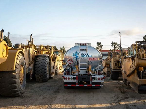 Fuel tanker truck parked between large yellow construction vehicles at a worksite.