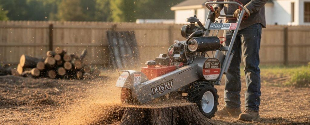 Stump grinder throwing wood chips while grinding a tree stump in Orange County
