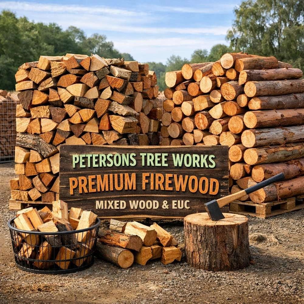 Stacked firewood, an axe in a chopping block and a Premium Firewood sign in Orange County