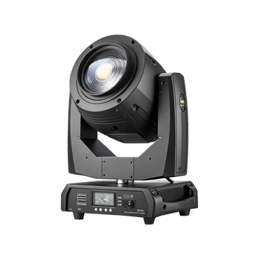 A professional moving head stage light with a large lens and control panel.