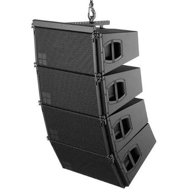 A hanging array of four black professional speakers.