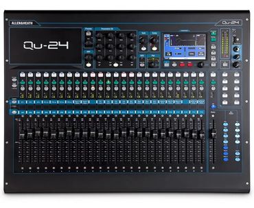 Allen &amp; Heath Qu-24 digital mixing console with multiple faders and controls.