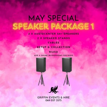 May Special Speaker Package 1 with 2 speakers and stands for R1250.